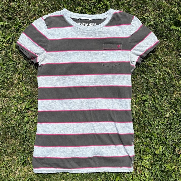 Vtg American Eagle Outfitters Gray Pink Striped Baby Tee Shirt Small Y2K Pocket - Picture 1 of 4